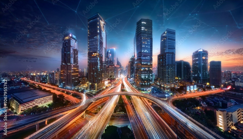 Fototapeta premium Night aerial view of modern infrastructure buildings residential city