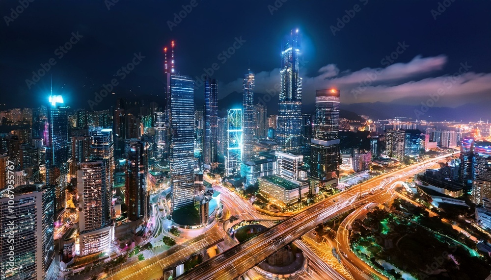 Night aerial view of modern infrastructure buildings residential city Night aerial view of modern infrastructure buildings residential city