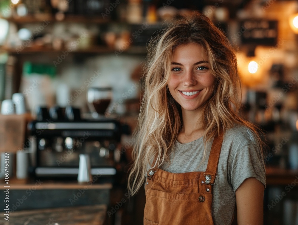 Smiling Barista in Cozy Coffee Shop Setting with Warm Lighting and Rustic Decor Smiling Barista in Cozy Coffee Shop Setting with Warm Lighting and Rustic Decor