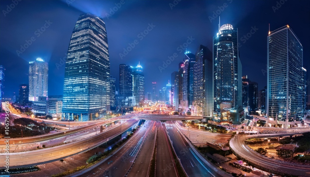 Fototapeta premium Night aerial view of modern infrastructure buildings residential city