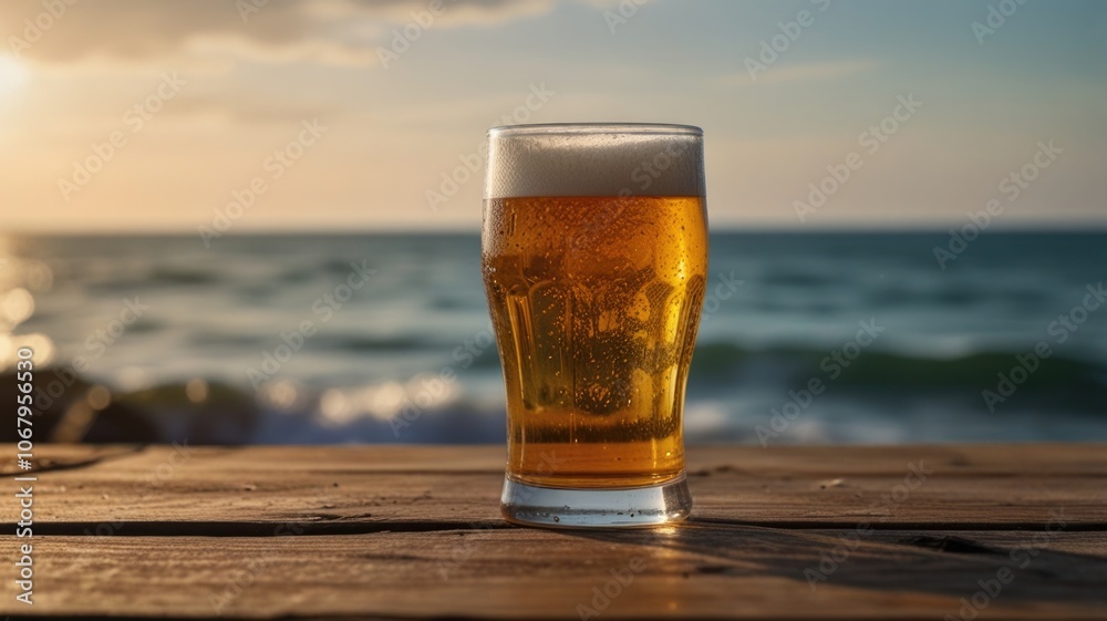 Glass of beer on wooden table over a sea background Glass of beer on wooden table over a sea background