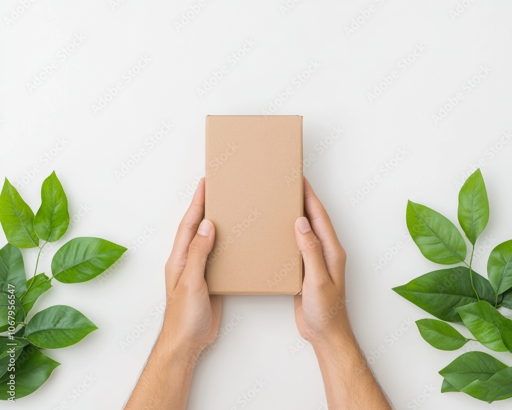 Minimalist Design Hands Holding a Simple Cardboard Box on White Background with Green Leaves Minimalist Design Hands Holding a Simple Cardboard Box on White Background with Green Leaves