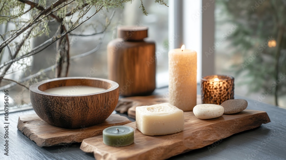Candles, Soap, and a Wooden Bowl on a Rustic Tabletop