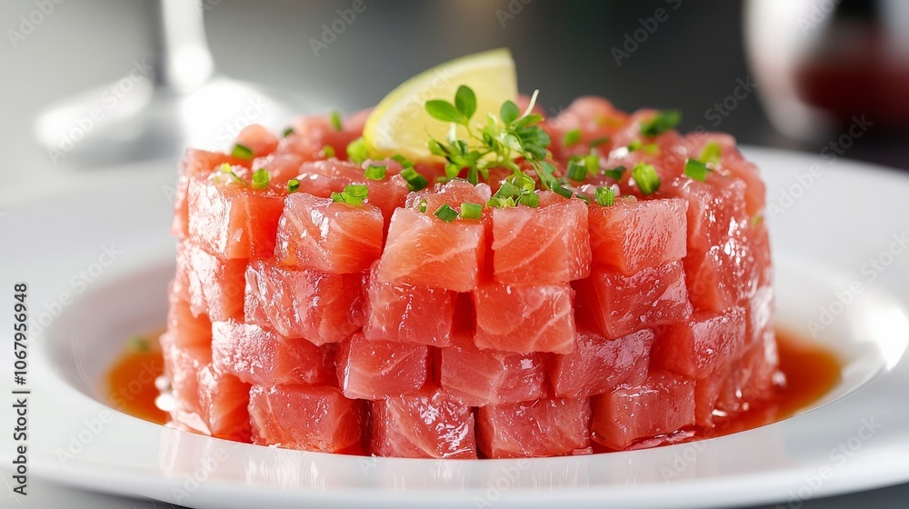 Tuna Tartare arranged in a neat cylindrical shape on a white ceramic plate, with bright studio lighting highlighting the freshness of the fish and sauce