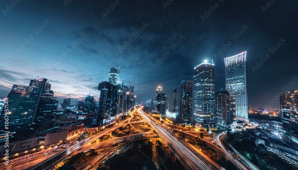 Fototapeta premium Night aerial view of modern infrastructure buildings residential city