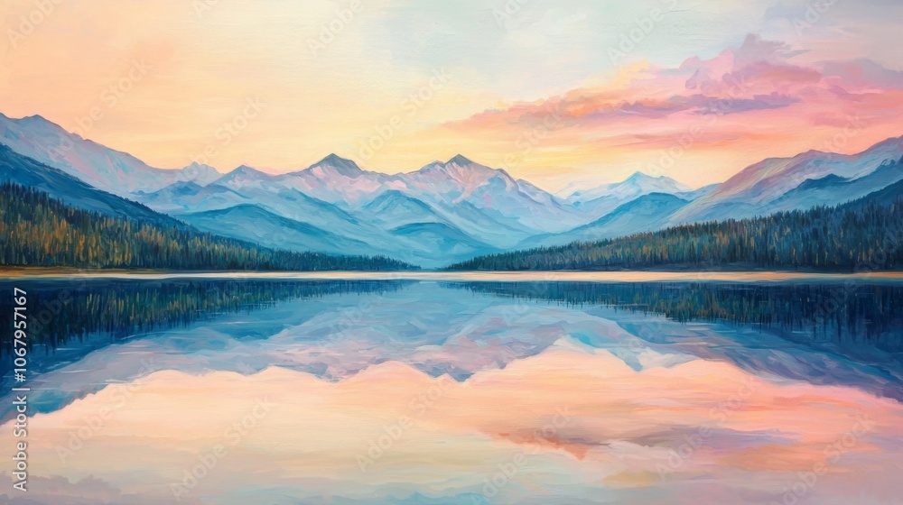 Serene Mountain Landscape at Sunrise with Pastel Hues Serene Mountain Landscape at Sunrise with Pastel Hues