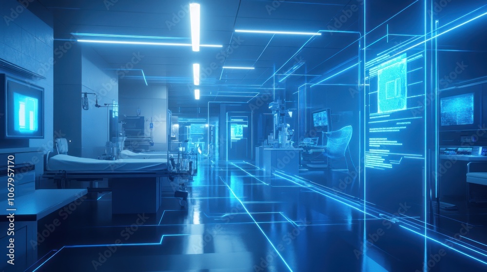 A futuristic hospital corridor with glowing blue lines and digital screens, representing innovation and technology in healthcare. A futuristic hospital corridor with glowing blue lines and digital screens, representing innovation and technology in healthcare.