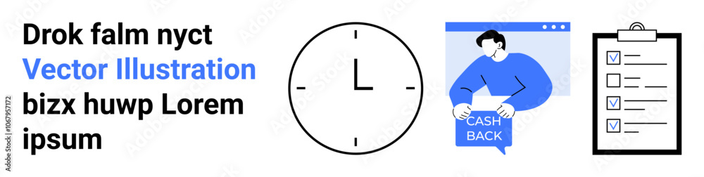 Cashback offer portrayed with a clock, a man presenting cash back, and an online form checklist. Ideal for marketing campaigns, time management, promotions, financial services, productivity tools Cashback offer portrayed with a clock, a man presenting cash back, and an online form checklist. Ideal for marketing campaigns, time management, promotions, financial services, productivity tools