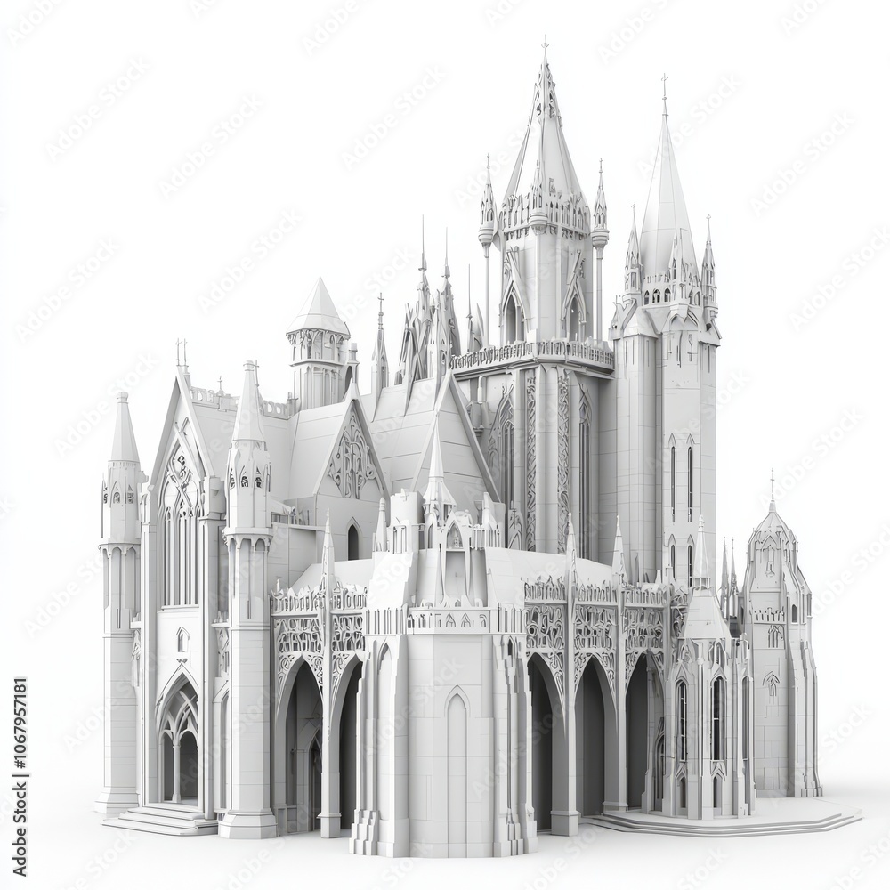 Fototapeta premium Low Poly 3D Render of a Gothic-style castle, on isolated white background