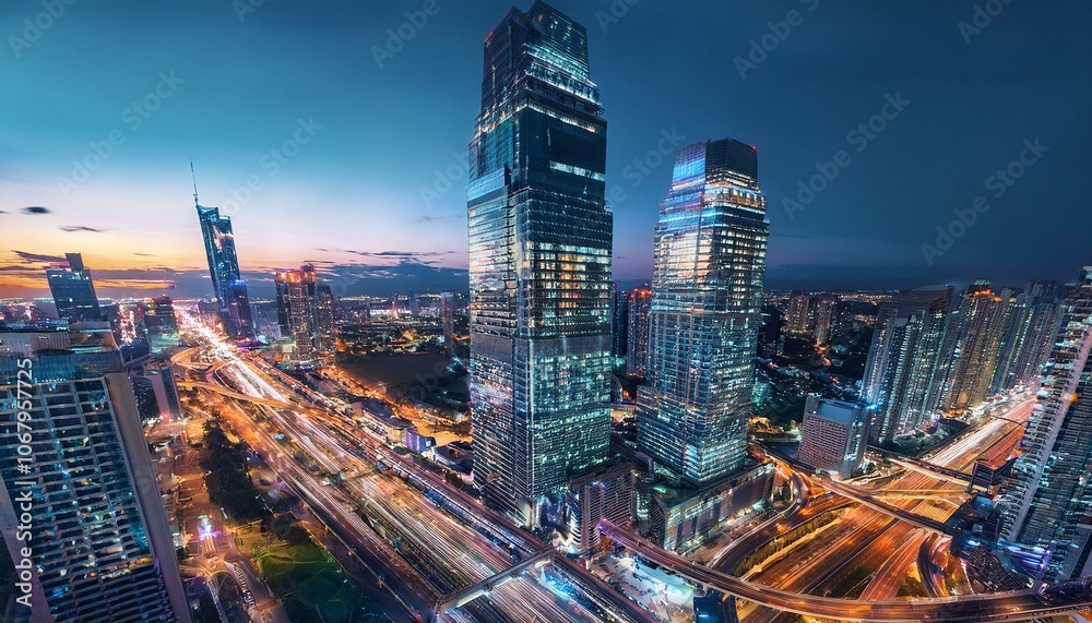 Obraz premium Night aerial view of modern infrastructure buildings residential city