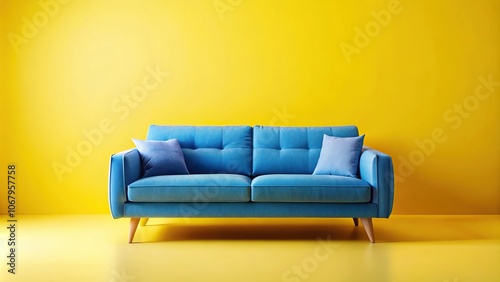cozy luxury blue couch over yellow studio background at tilted angle