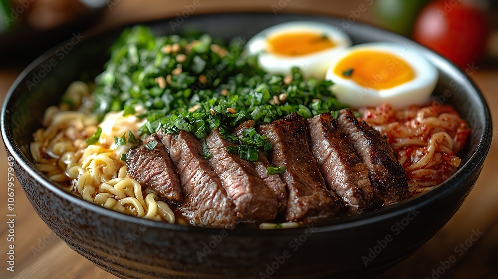 Ramen bowl with beef and eggs on a wooden table, ideal for restaurant banners and food promotions. Ramen bowl with beef and eggs on a wooden table, ideal for restaurant banners and food promotions.