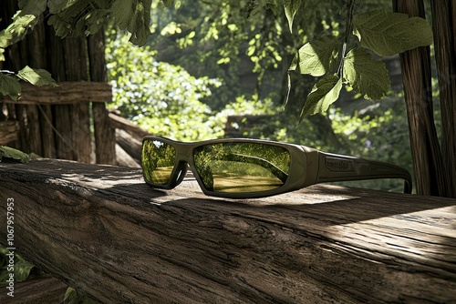 Sunglasses on Wooden Table with Shining Light