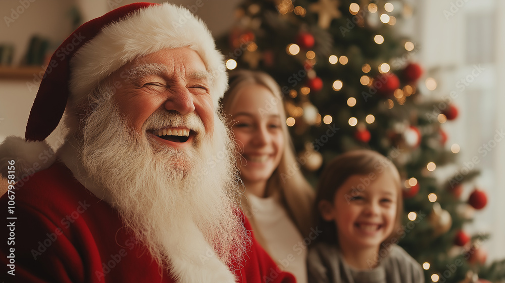 Santa standing next to a decorated Christmas tree, laughing with a family