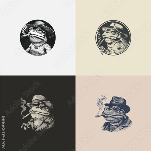 Gentlemen frog wearing top hat smoke vintage engraving logo