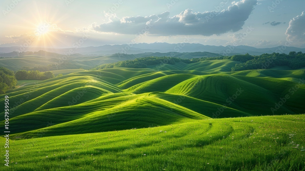 Obraz premium A close-up of rolling green hills under a dramatic sky with sunlight breaking through clouds, AI Generative