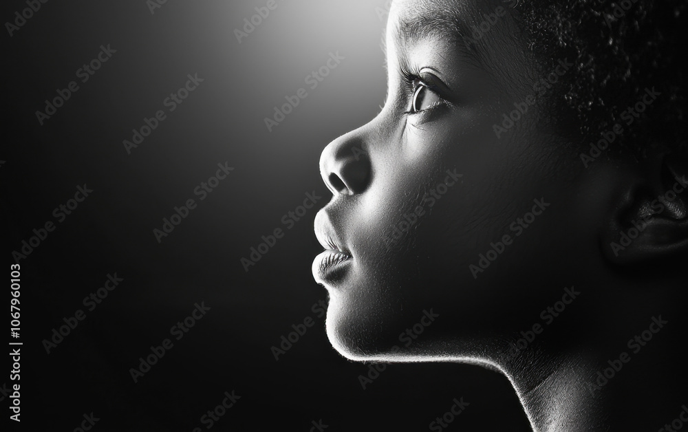 A black and white profile of a young boy gazing thoughtfully, highlighting his features against a softly lit background. A black and white profile of a young boy gazing thoughtfully, highlighting his features against a softly lit background.
