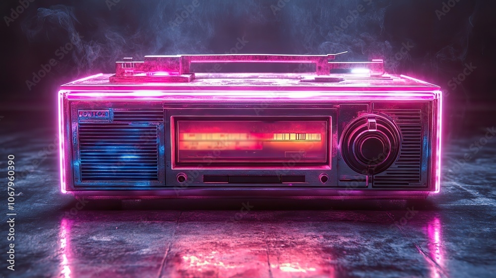 Retro boombox radio cassette in neon style, promoting 80s music party and vintage designs.