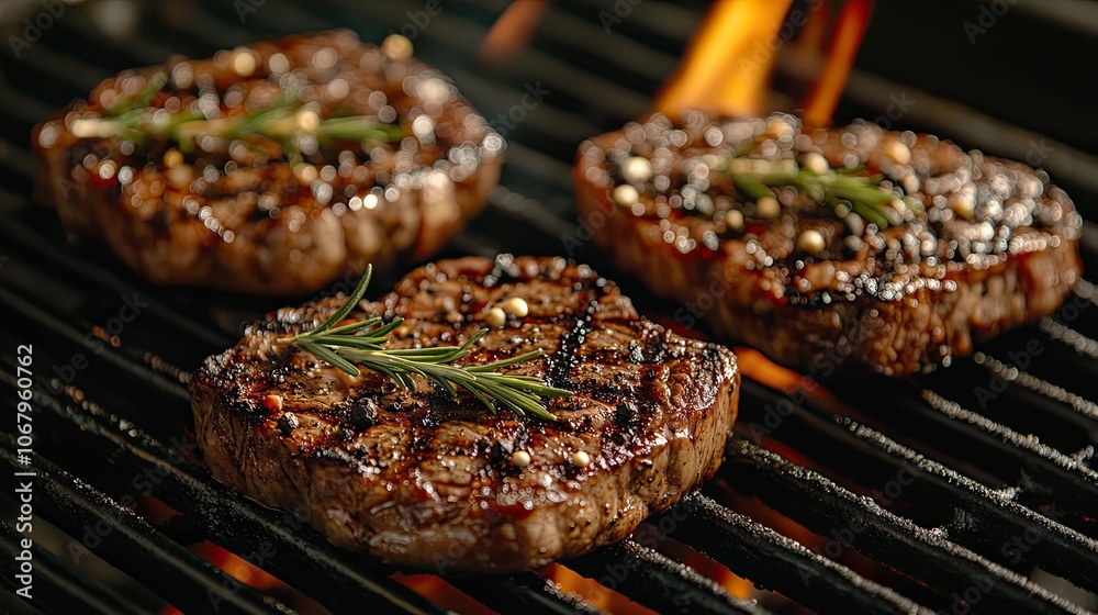 Ribeye steaks sizzle on a flaming grill with rosemary and pepper, creating a mouthwatering barbecue and grill concept for food menus. Ribeye steaks sizzle on a flaming grill with rosemary and pepper, creating a mouthwatering barbecue and grill concept for food menus.
