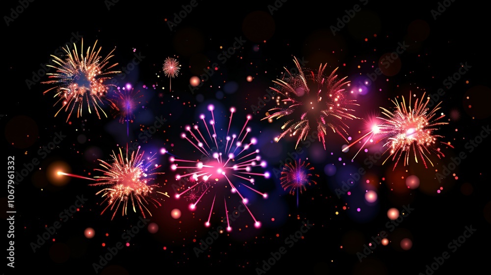 Naklejka premium Festive Burst: Colorful Firework Display with Bokeh Background for New Year Celebrations