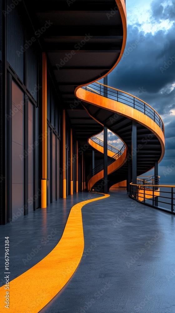 Fototapeta premium Modern Spiral Staircase with Yellow Stripe.