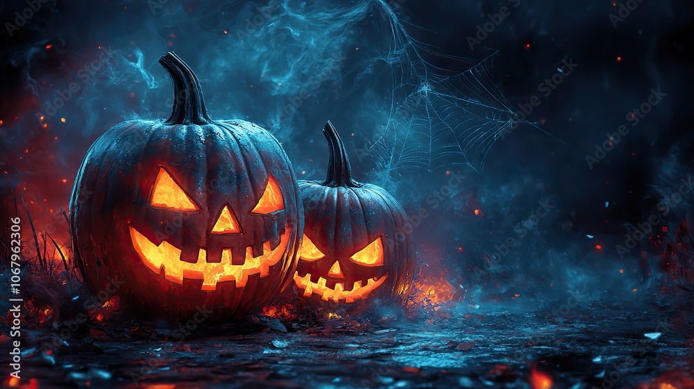 Scary pumpkins with spider webs on a dark background, ready for Halloween-themed banners or greeting cards, showcasing carved jack o lantern faces for decoration. Scary pumpkins with spider webs on a dark background, ready for Halloween-themed banners or greeting cards, showcasing carved jack o lantern faces for decoration.
