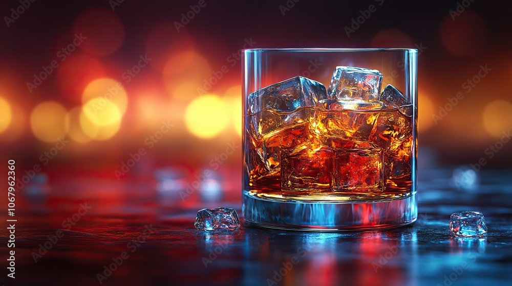 Scotch whiskey glass with ice cubes on a red and blue background, a stylish design for bars or restaurant menu banners. Scotch whiskey glass with ice cubes on a red and blue background, a stylish design for bars or restaurant menu banners.