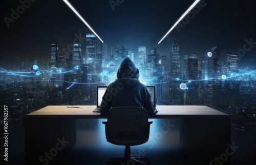 Person in hoodie working on laptop at dark desk with blue light illumination.