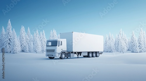 White Semi Truck in Snowy Forest. photo