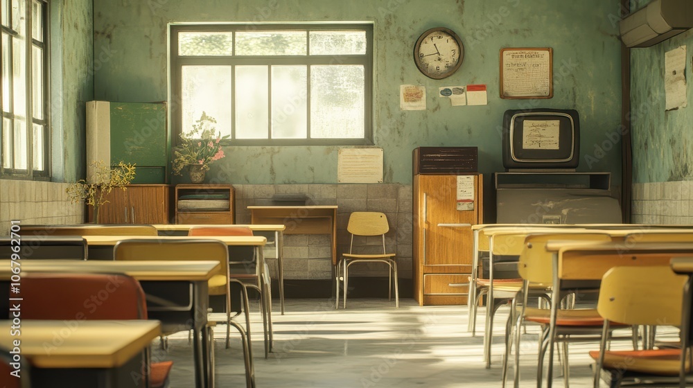 Korean classroom furniture from the 1960s, a nostalgic arrangement of desks and chairs reflecting vintage educational setups Korean classroom furniture from the 1960s, a nostalgic arrangement of desks and chairs reflecting vintage educational setups
