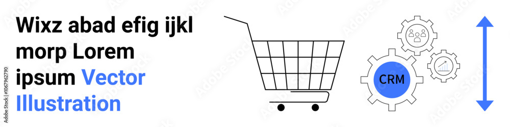 Shopping cart alongside CRM gears and icons. Arrow symbol indicating growth. Ideal for e-commerce, business solutions, CRM systems, automation, growth strategies, digital marketing, and sales Shopping cart alongside CRM gears and icons. Arrow symbol indicating growth. Ideal for e-commerce, business solutions, CRM systems, automation, growth strategies, digital marketing, and sales