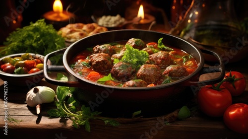 A rustic kitchen scene featuring a pot of simmering sulu kÃ¶fte, with Turkish meatballs cooking in a thick, savory stew, surrounded by fresh vegetables and herbs ready for the pot. photo