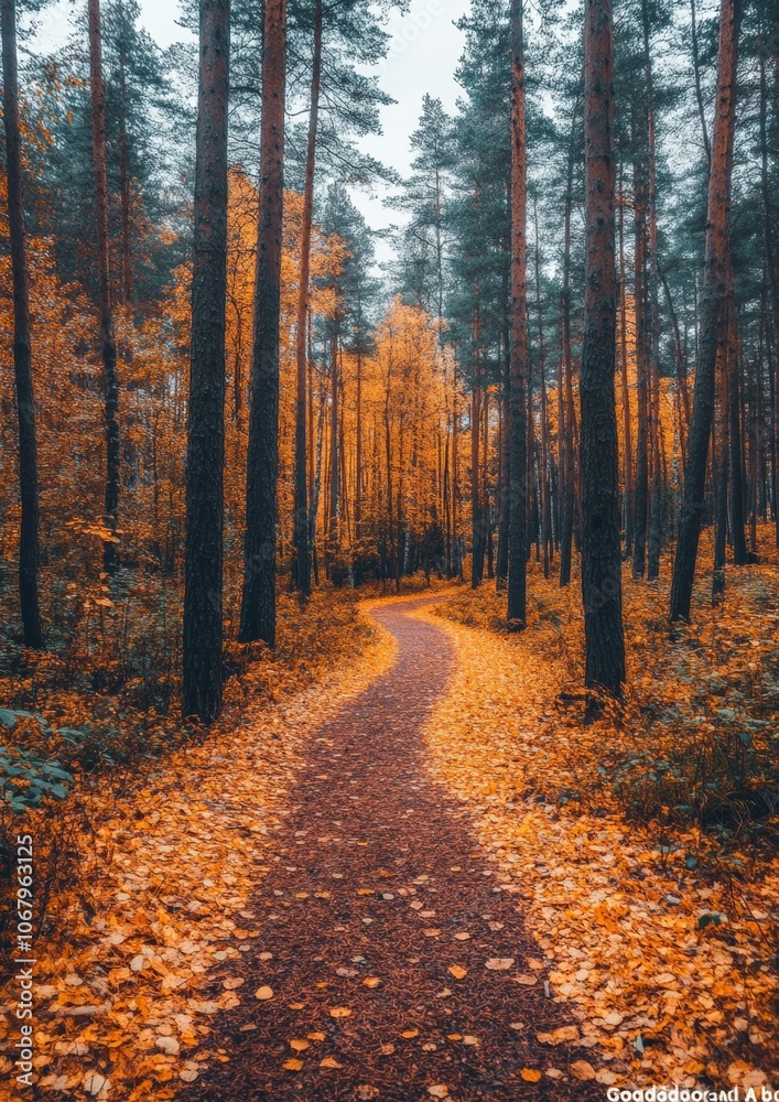 Fototapeta premium Serene Autumn Pathway Through Enchanting Forest Golden Hour Tranquility