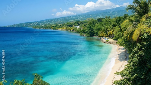 A scenic view of a tropical beach with white sand, turquoise water, lush green trees, and a mountain range in the distance under a clear blue sky.