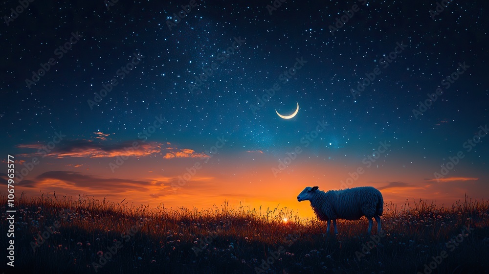 Fototapeta premium Silhouette of a sheep against a starry night with a crescent moon, symbolizing Eid al-Adha, perfect for religious celebrations.