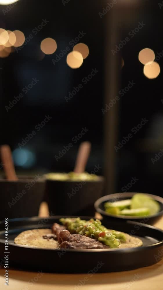 Tacos de Bistek con guacamole y tortilla en Mexico, comida mexicana