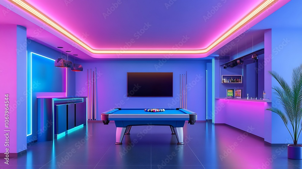 Neon Lit Pool Room with Bar and TV Neon Lit Pool Room with Bar and TV