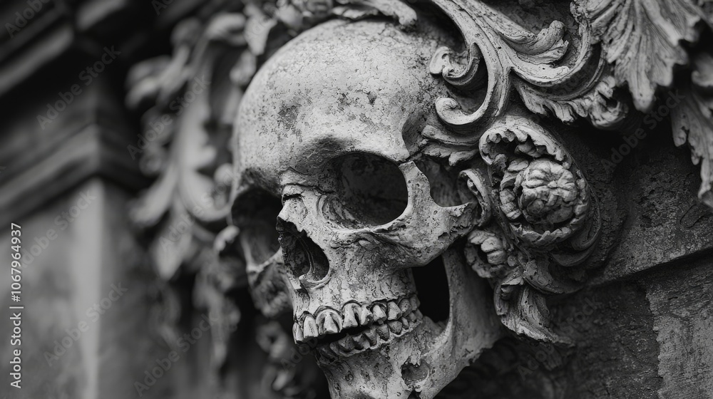 Artistic gothic skull with baroque details, black and white, eerie atmosphere Artistic gothic skull with baroque details, black and white, eerie atmosphere