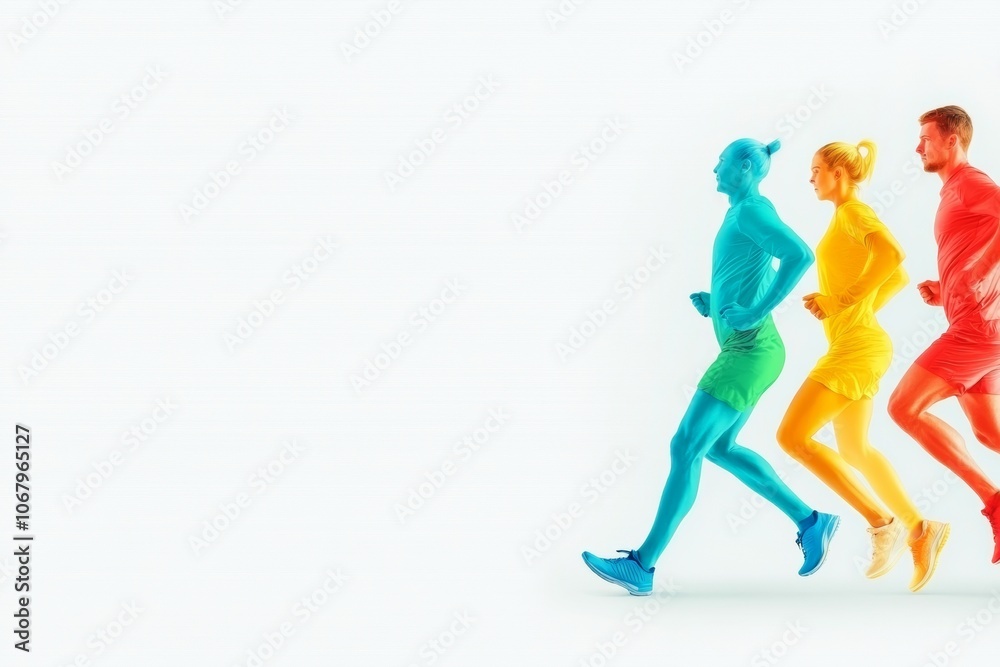 Vibrant Athletes Running Together in Colorful Activewear on a Minimalist Background Vibrant Athletes Running Together in Colorful Activewear on a Minimalist Background