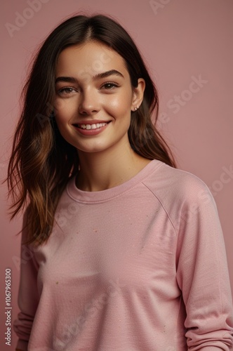 Happy young woman wears casual clothes over a pink background