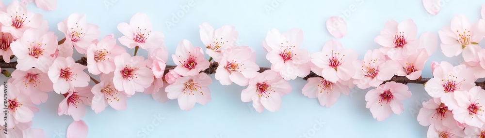 A delicate display of pink cherry blossoms arranged along a branch against a soft blue background, evoking springtime beauty and tranquility. A delicate display of pink cherry blossoms arranged along a branch against a soft blue background, evoking springtime beauty and tranquility.