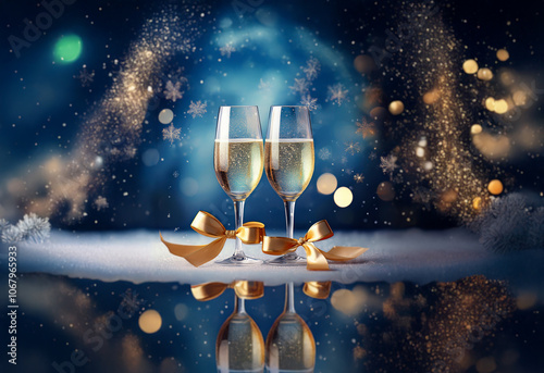 Two champagne flutes with golden bows sit on a snowy surface with a blue, bokeh background.