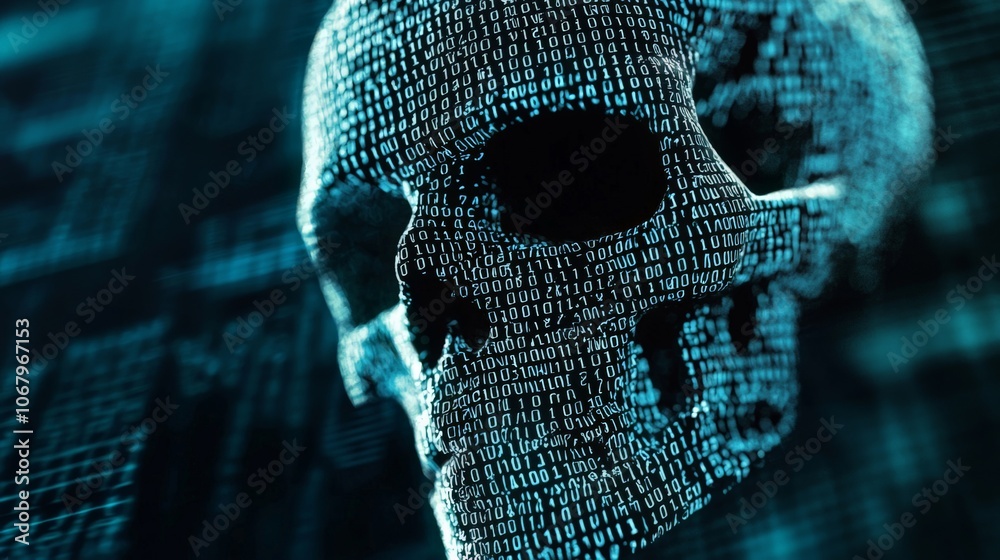 Digital skull composed of binary code, matrix-like design, intense focus Digital skull composed of binary code, matrix-like design, intense focus