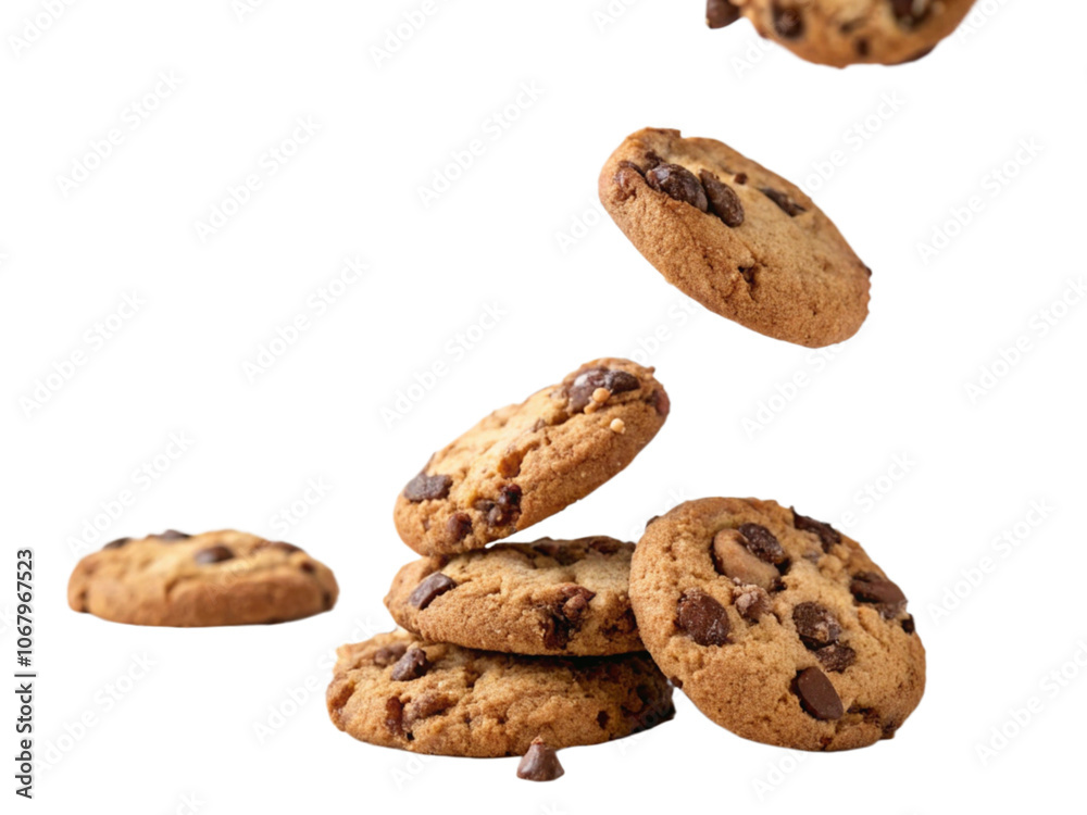High-Resolution Image of Falling Chocolate Chip Cookies on White Background for Dessert and Snack Concepts High-Resolution Image of Falling Chocolate Chip Cookies on White Background for Dessert and Snack Concepts