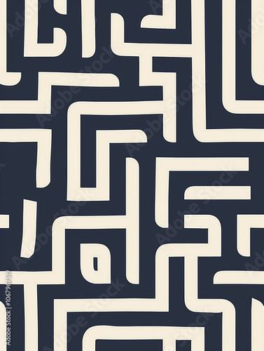 A sleek labyrinth design in cream against a deep gray background, with thick pathways creating bold, modern shapes. The high contrast enhances the maze’s intricate paths.