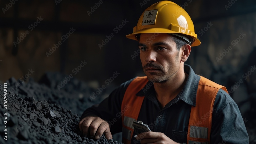 Male worker in the coal mine inspecting samples of coal Male worker in the coal mine inspecting samples of coal