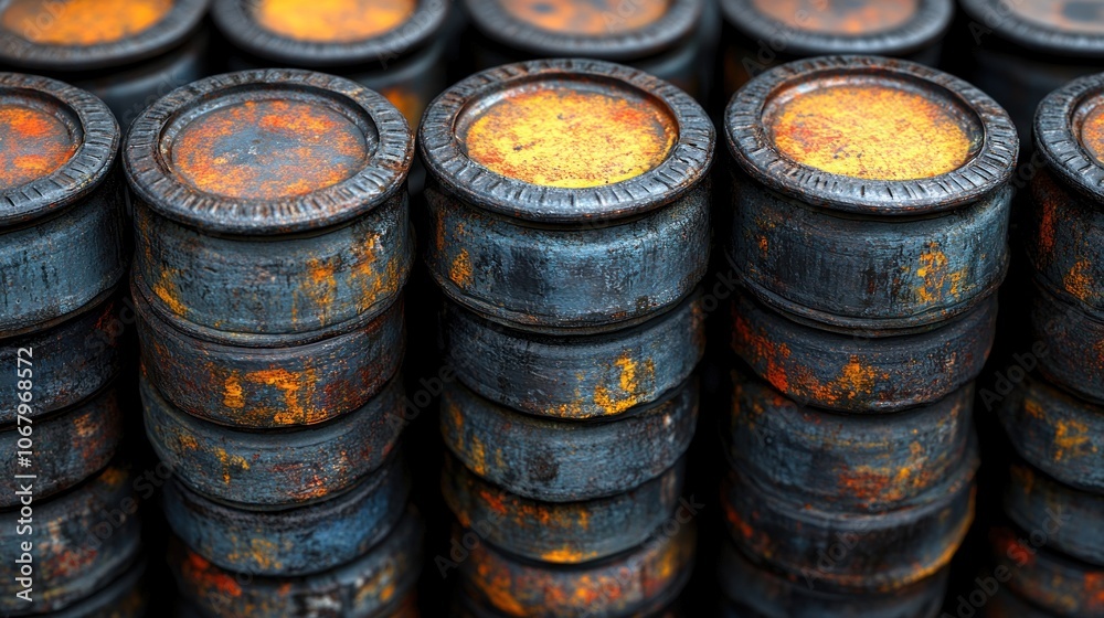 Rusty metal barrels stacked in rows.