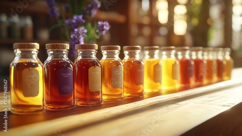 A row of small glass honey jars, each labeled with a different floral variety such as clover, acacia, and lavender, golden honey catching the warm sunlight, rustic wooden table background,