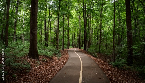 A bike trail leading through lush trees