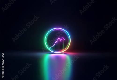 A glowing, neon mountain peak inside a circle, reflecting on a dark, smooth surface.